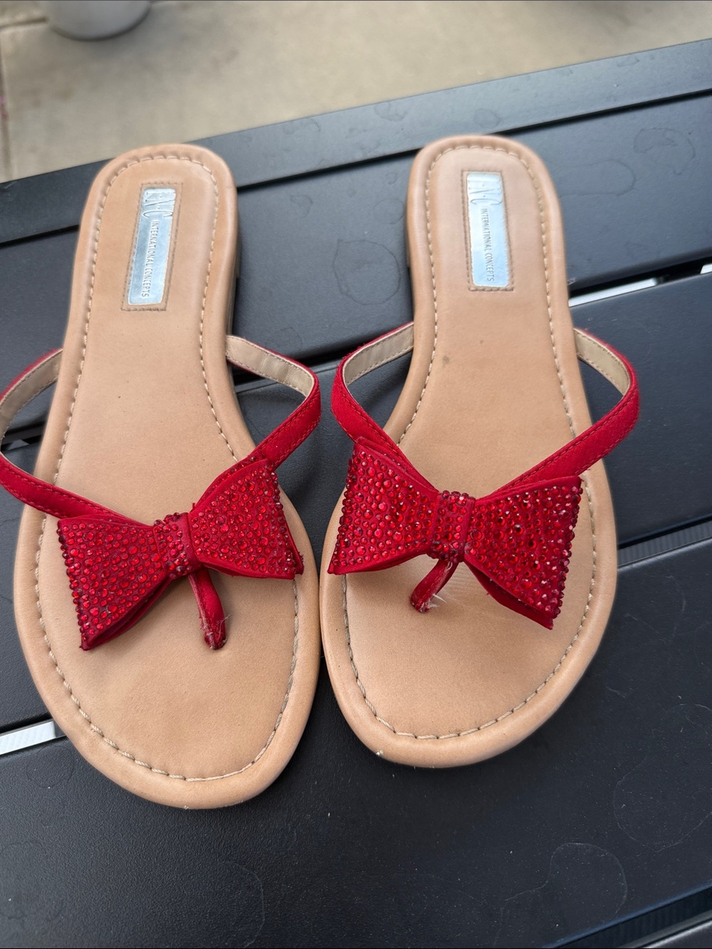 INC International Concepts Red Bow Rhinestone Thong Sandals with Tan Footbed